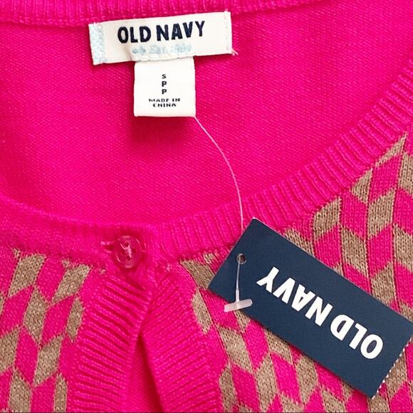 Old Navy Cardigan Sweater Fuchsia Tan Geo Print Crew Neck Button Front Small NEW - Picture 2 of 16